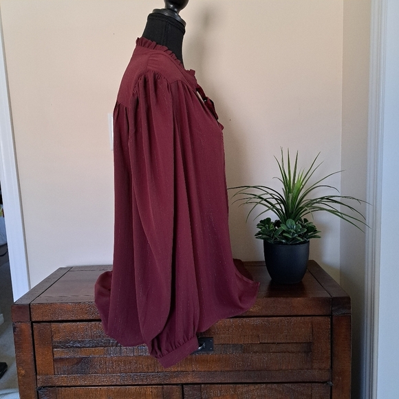 DKNY Women's Lurex Blouse Burgandy Long Sleeve Ruffle Top Medium NWOT - Picture 2 of 14